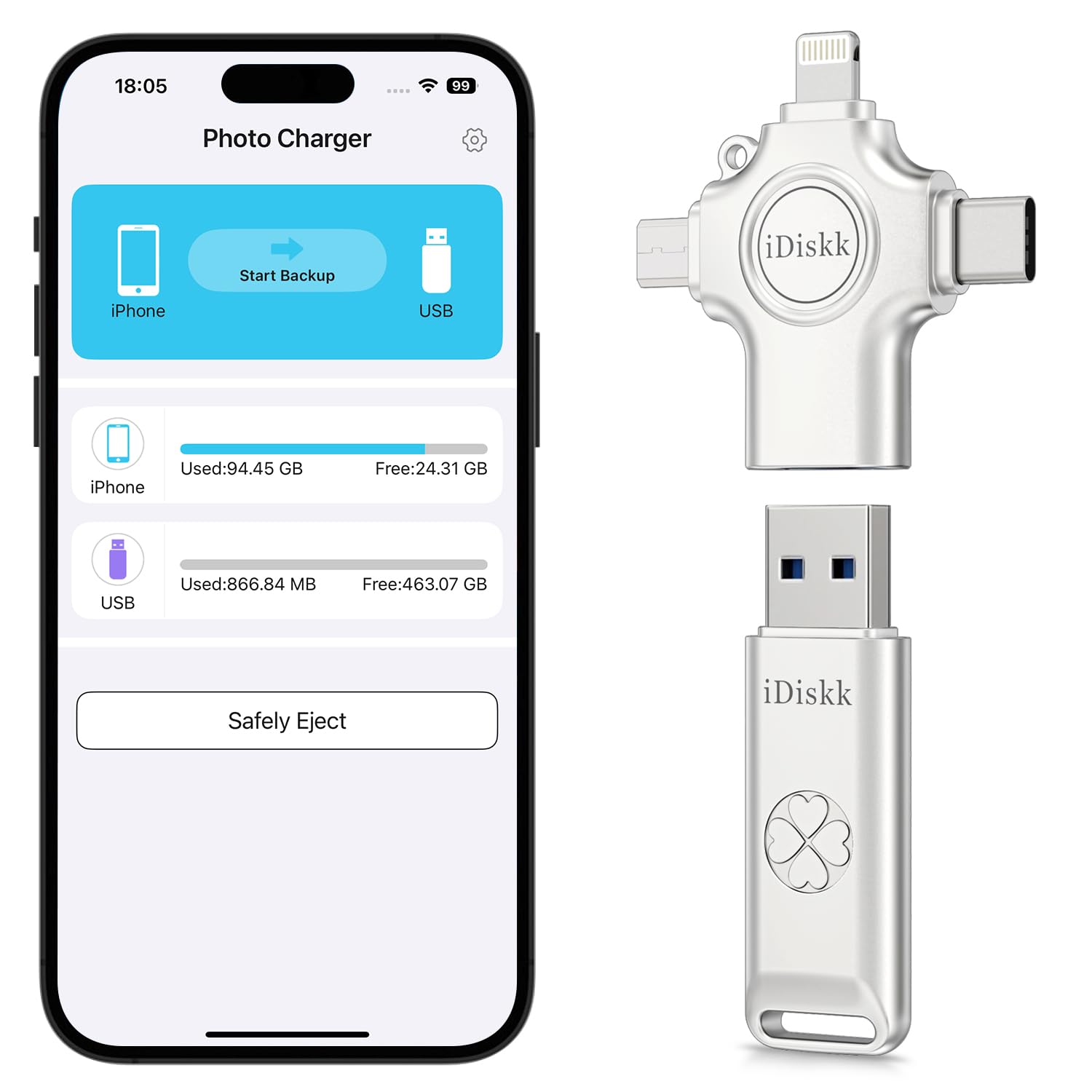 iDiskk Clé USB 128 Go de Sauvegarde Automatique pour transférer et Sauvegarder des Photos, des vidéos, des Photos pour iPhone, iPad, Android, Mac et PC