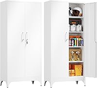 Vista 25 de Yizosh Armario de almacenamiento de metal para garaje con 2 puertas y 5 estantes ajustables, gabinete de archivo de acero con cerradura de 71