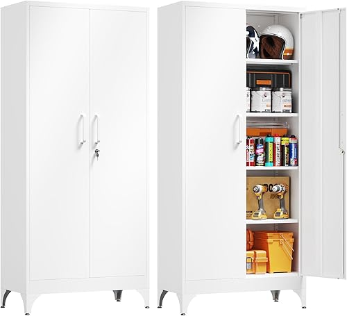 Miniatura 26 de Yizosh Armario de almacenamiento de metal para garaje con 2 puertas y 5 estantes ajustables, gabinete de archivo de acero con cerradura de 71