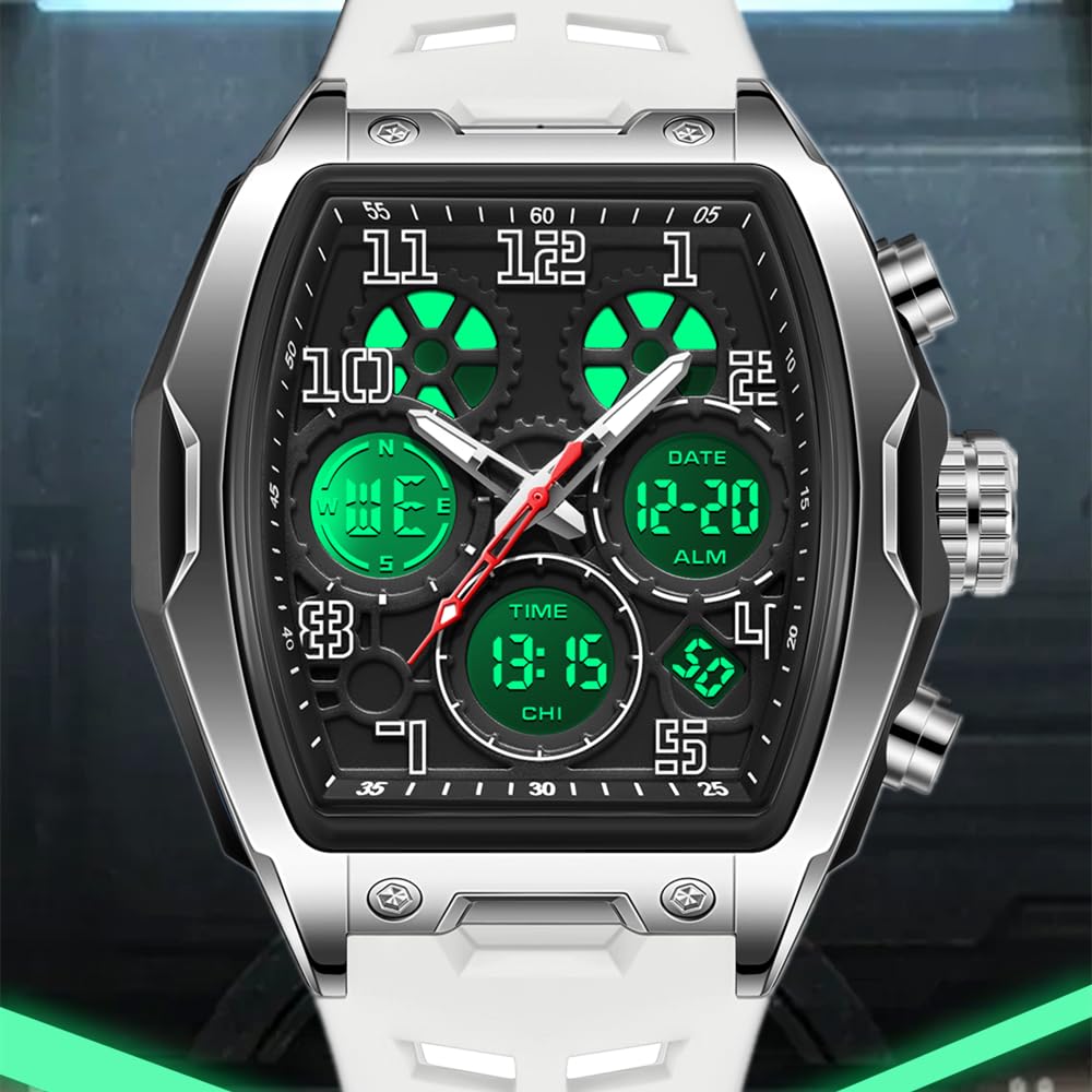 Hombre Relojes para Hombre Rectángulo Unico Reloj Militar Digital Analógico Deportes Reloj de Pulsera con Alarma, Cronómetro,Cuenta Atrás,Cada Hora Chime,Luminoso y Impermeable Multifunción