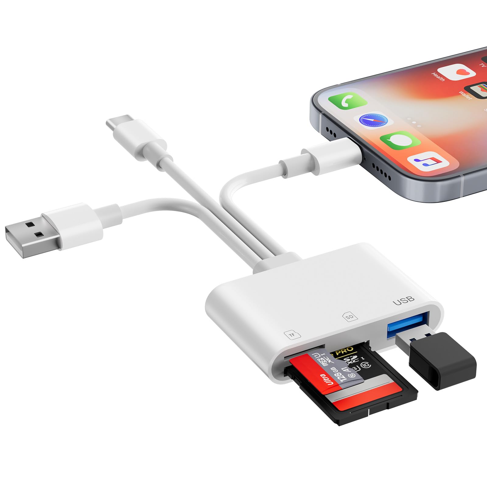 SDカードリーダー 3-in-1 カードリーダー Type-C/USB A &iPhone sdカードリーダー Lightning/Type C/US B 3.0 メモリ タイプc USb/SD/TF変換アダプタ・microSDカード 0TG機能 高速双方向データ転送 設定不要 写真/動画/資料読み込み iPhone/iPad/IOS/PC/MacBook/Androidスマホなどのデバイスに対応