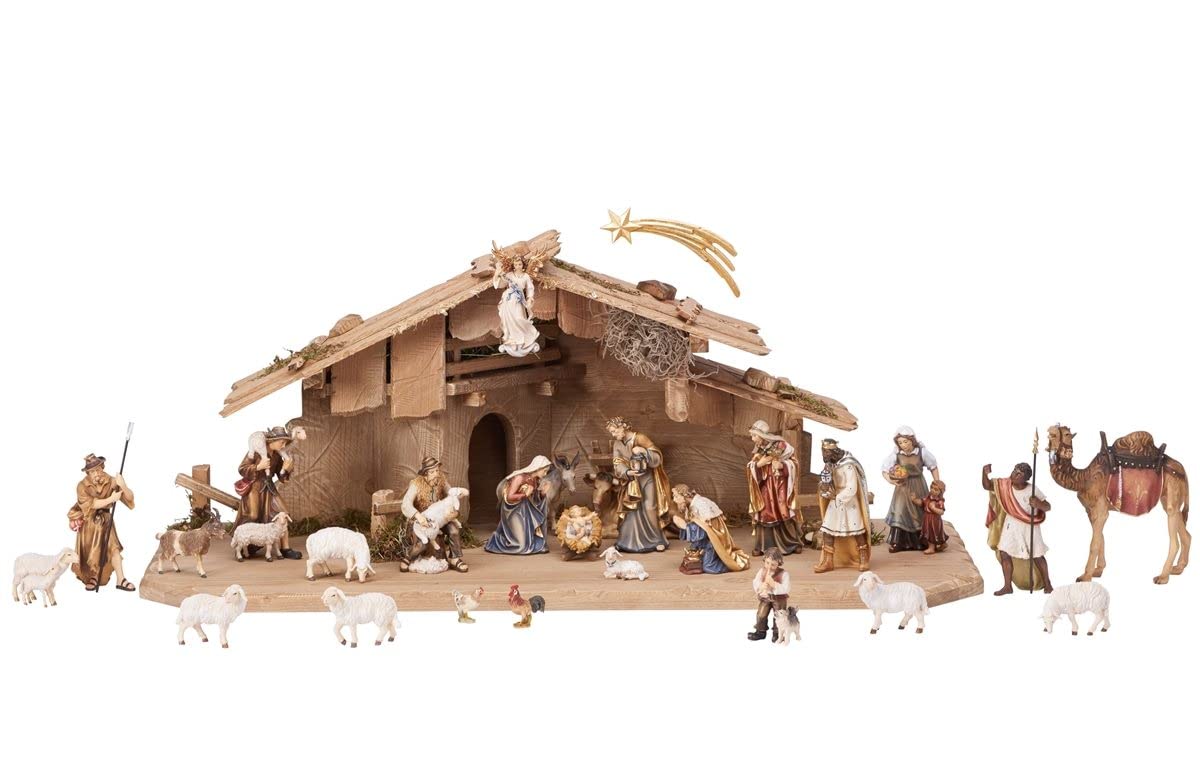 Generico Presepe completo in legno con capanna creato interamente a mano in Val Gardena - modello Notte Sacra (altezza Giuseppe cm 16)