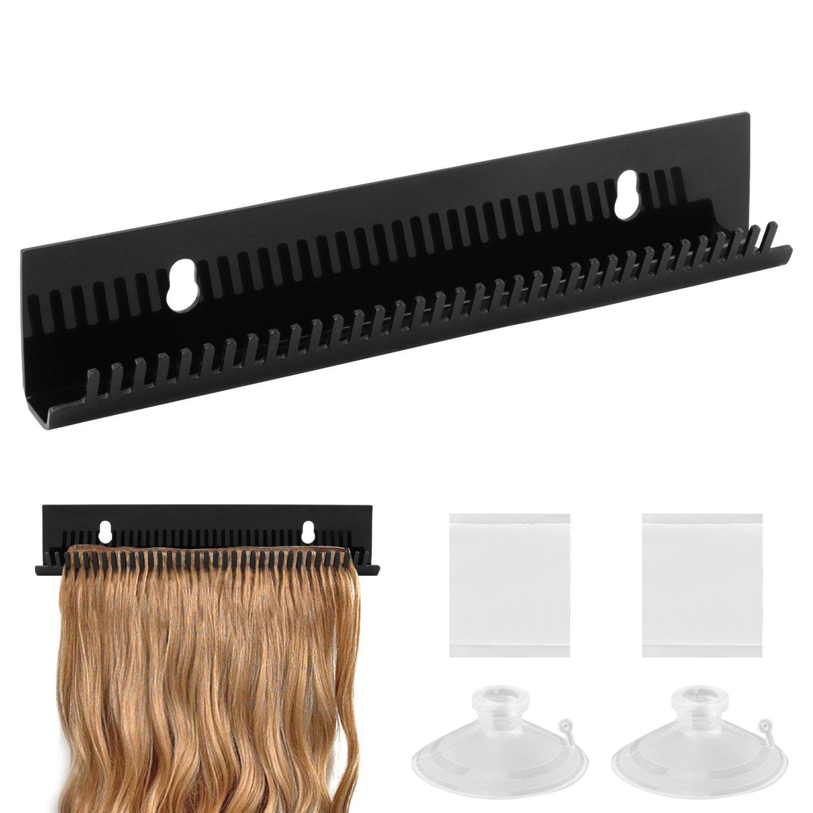 Hair Extension Holder for Styling, Hair Extension Hanger Braiding Hair Rack w/2 Suction Cups, Hair Extension Display Hair Hanger Tool for Washing, Coloring and Blow-Drying of Weft(COLOR:Black)