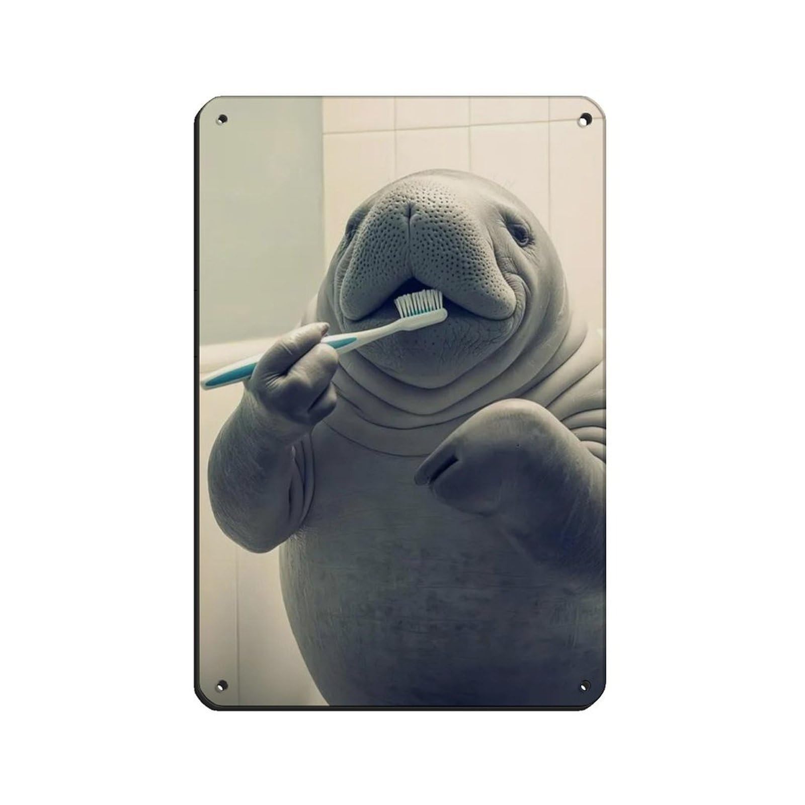 Manatee Brushing Teeth, Funny Bathroom Art Retro Poster Metal Tin Sign Chic Art Retro Iron Painting Bar People Cave Cafe Family Garage Poster Wall Decoration 8x12inch(20x30cm)