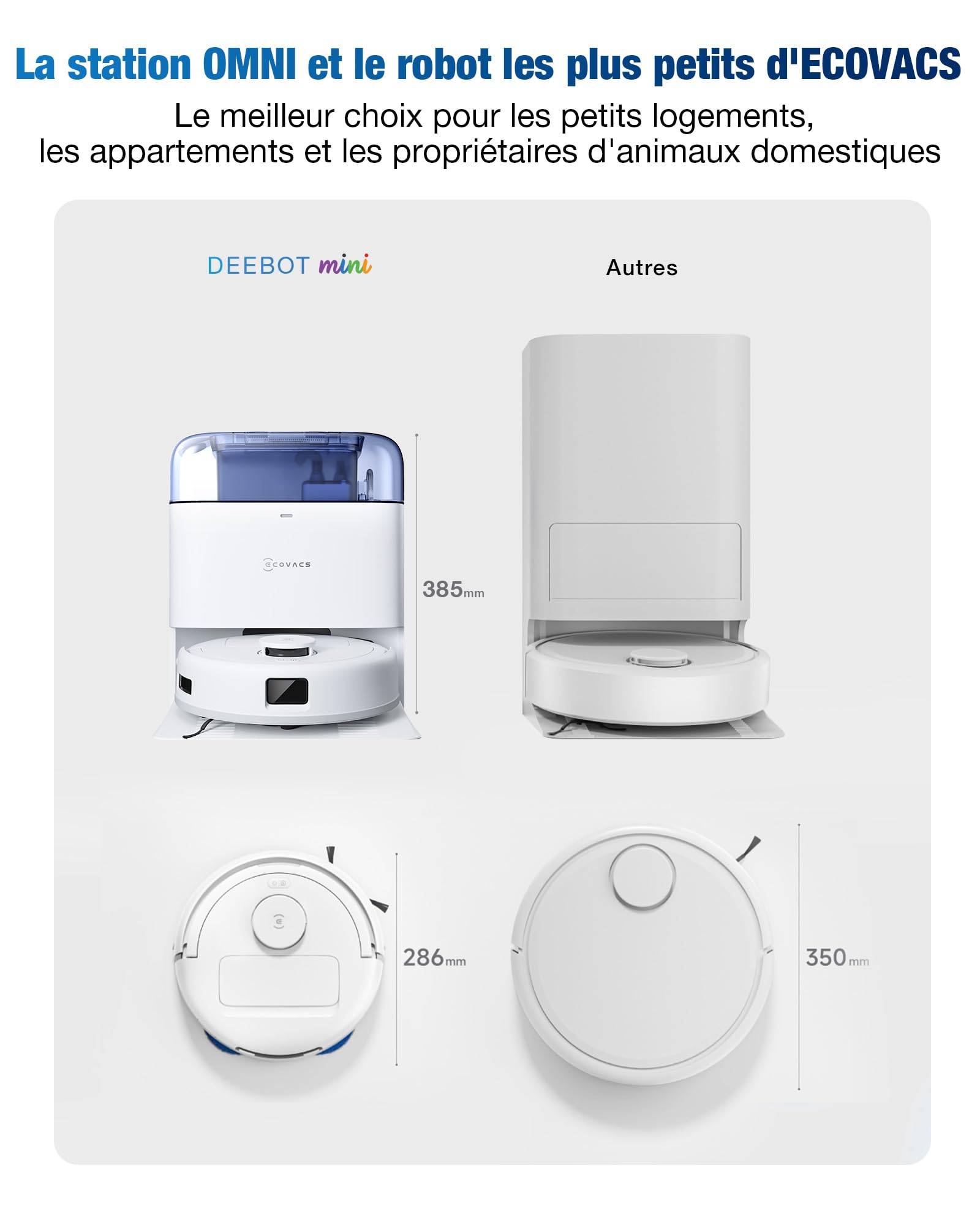 ECOVACS DEEBOT Mini Aspirateur Robot, Aspiration 9 000 Pa, ZeroTangle 2.0, TrueMapping 2.0, séchage à 45 ℃, vidage Auto, Lavage Intelligent en Profondeur, Nettoyage Auto en Un clic, Bleu