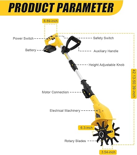Miniatura 9 de Cultivador de cultivador inalámbrico, 20 V 250 rpm, cultivador de jardín eléctrico alimentado por batería, 6.7 pulgadas de ancho de labranza,