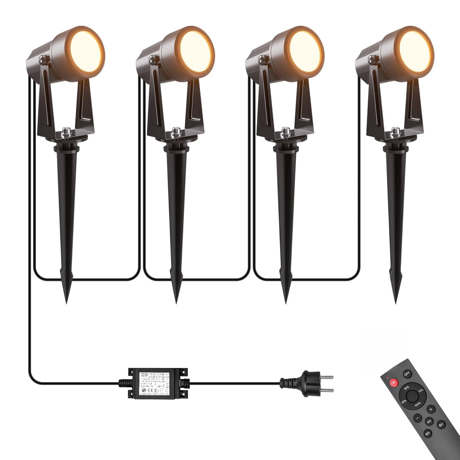 Projecteurs LED Extérieurs IP65 17M 3W*4 3000K Blanc Chaud avec Télécommande et Minuterie