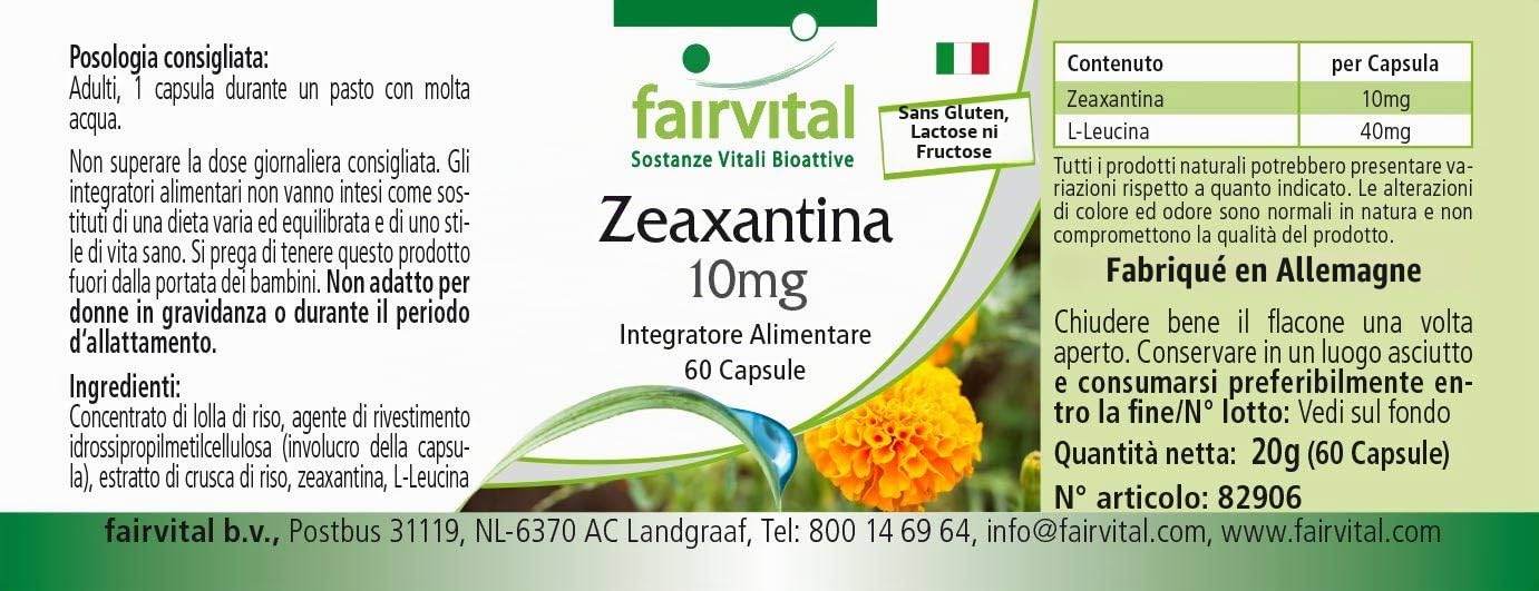 fairvital Gélules de zéaxanthine 10mg, 60 gélules, faciles à avaler, HAUTEMENT DOSÉES, VÉGÉTALIENNES