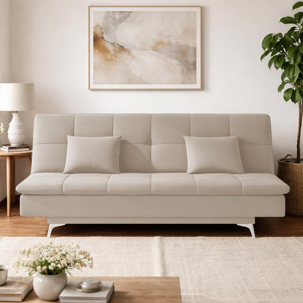 Adorn India Premium New Aspen 3 Seater Sofa Cum Bed 4X6 Velvet Suede with 2 Cushions (Color Cream) and Suitable for All Indoor, with 3 Years Warranty-image-27