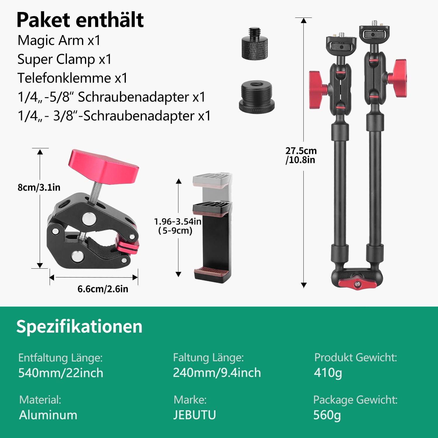 22"/56cm Magic Arm mit Super Clamp, Flexibel Kamera Tischstativ & Klemme, Kamera Halterung für Action Kamera, Webcam, Mikrofon - rot-schwarz