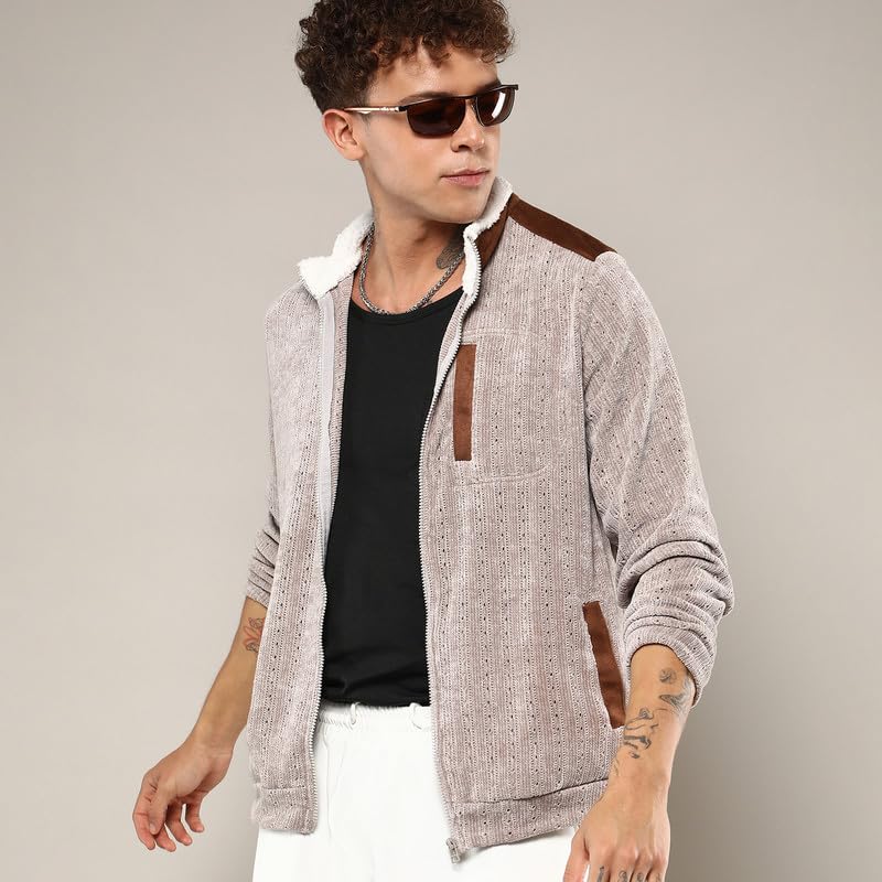 Image of CAHOOT Men's Fur-Lined Suede Bomber Jacket For Casual Wear | High Neck | Long Sleeve | Zipper Closure | Jacket Crafted With Comfort Wear For Everyday Wear