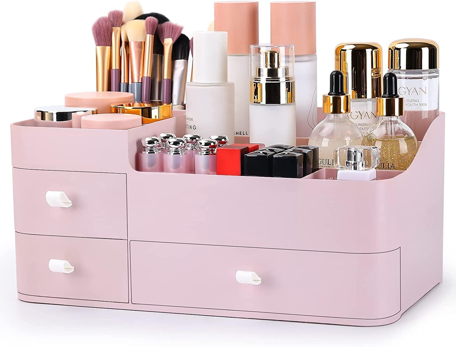 BREIS Makeup Organizer for Vanity,Large Countertop Organizers with Drawers,Dresser Bathroom Cosmetics Organization and Storage for Perfume Skin Care Nail Polish Brushes Eyeshadow Lipstick (Pink)