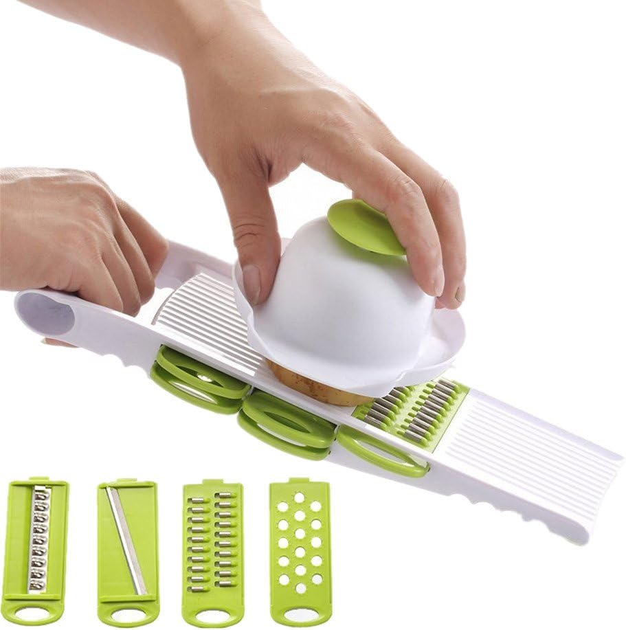 Elikeable Creative Multi Mandolin Vegetable Slicer & Grater Kitchen Set - Comes with Food Holder, Fruit Peeler and 5 Stainless Steel Blades - Thin Julienne Slicer, Cutter, Waffle Slicer and Shredder All in 1 - Best Hand-held Easy Chip for Potato Chips, Tomato, Carrot, Radish, Cucumber, Wire Cheese, Lime, Onion