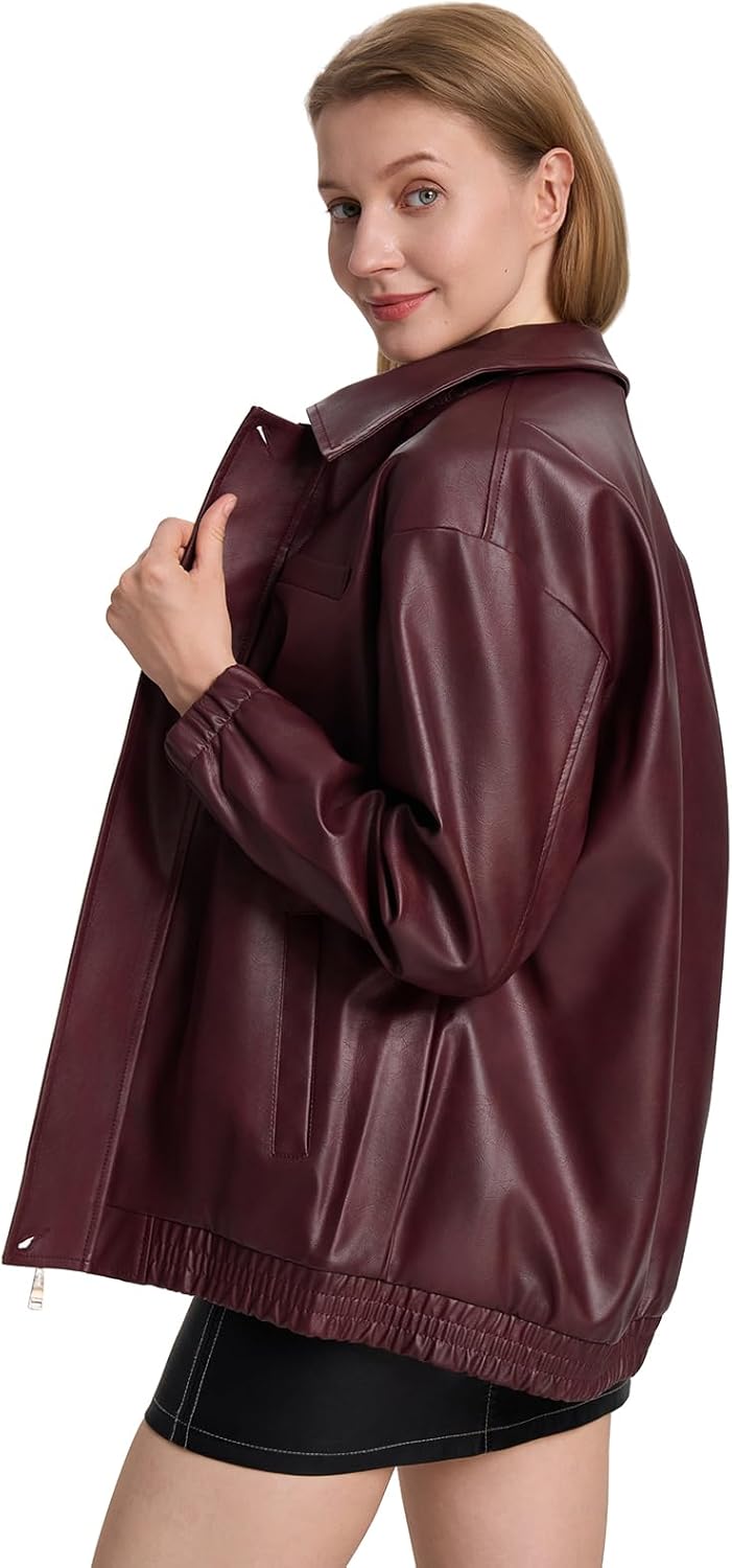 Moreone Faux Leather Jacket Women Oversize Leather Bomber Jacket Zip Up Going Out Jackets for Women - Image 4