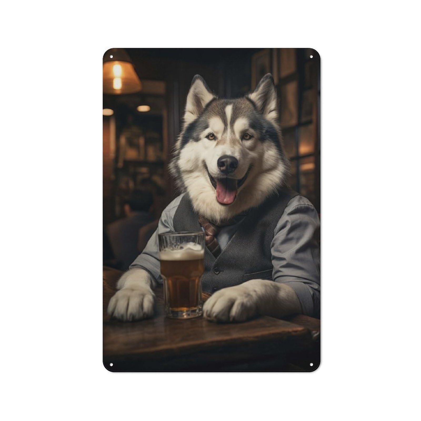 Junmoney Husky Dog In The Pub Printed Metal Sign 30X20cm For Café Or Restaurant, For Hospitality Interior Collectors