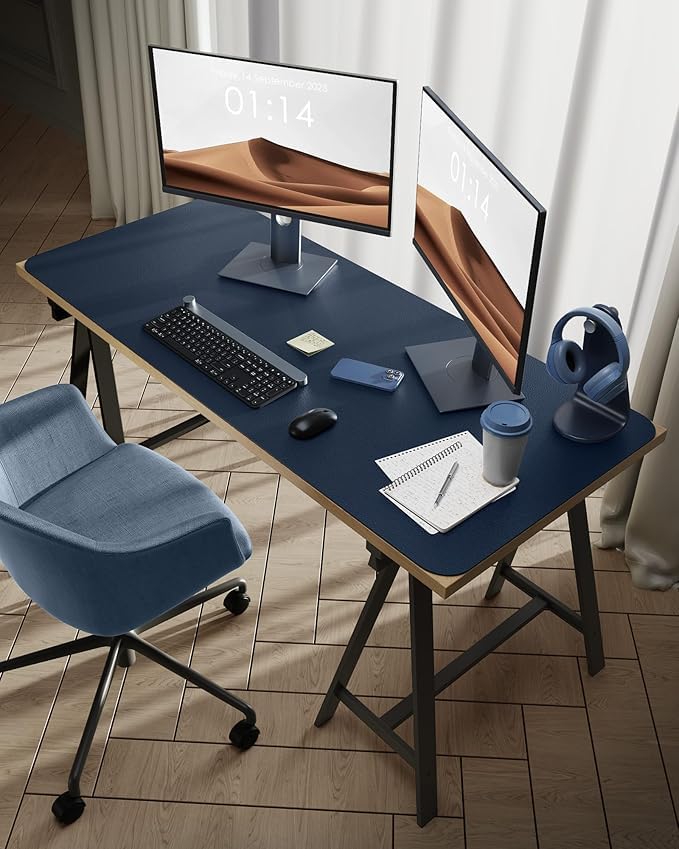AROPANA Vegan Leather Desk Mat 120x60cm | Large Reversible Mouse Pad & Computer Table Protector | Dual-Side Waterproof Extended Laptop Pad with Edge-Stitched Design (Navy Blue and Yellow) 1