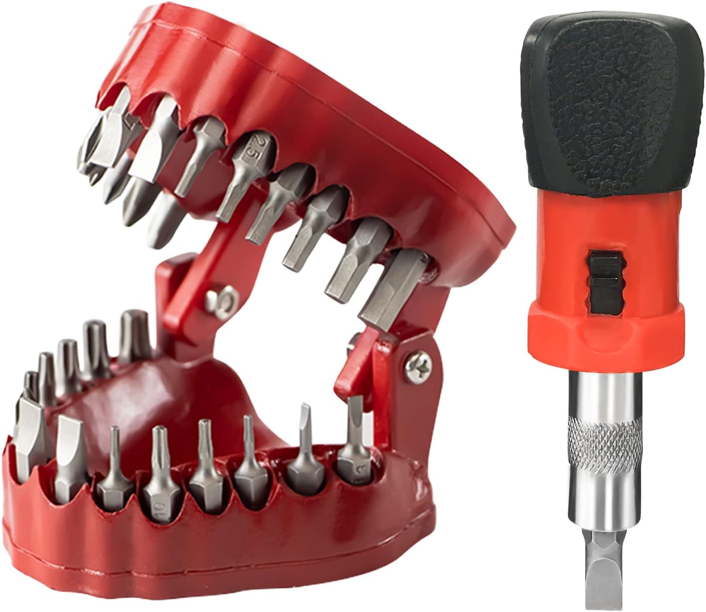 Magoog Denture Drill Bit Holder,Magoog Gag Gift for Dentist,3D Sculpture Desk Decor,1/4” Hex Bit Screwdriver,2-in-1 Screwdriver& Desk Gadget,Magnetic Gums with 28PCS Bits,Red
