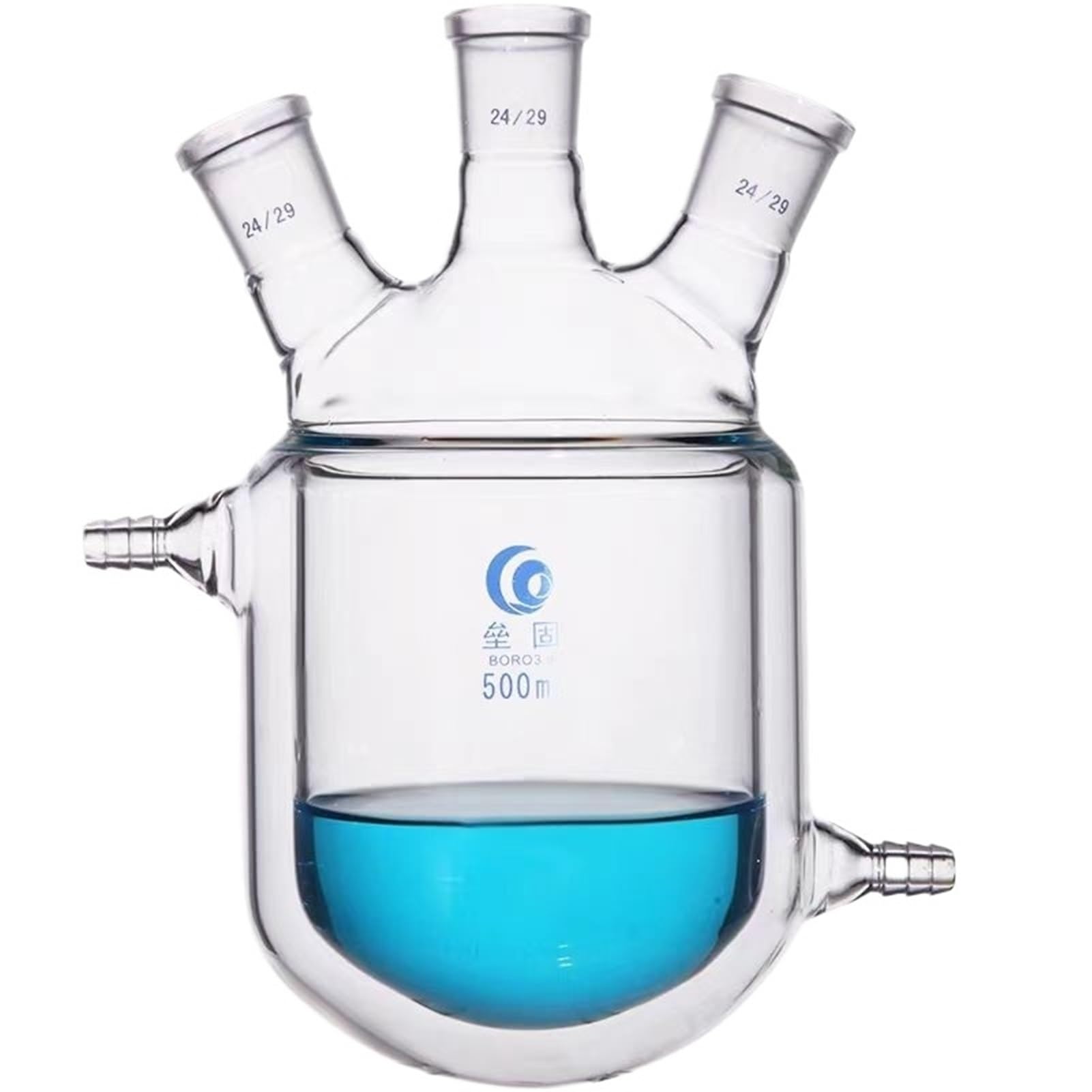 matraz de fondo redondo， Matraz de reacción de vidrio de borosilicato de 4 bocas con camisa y válvula de vaciado de PTFE (250 ml-5000 ml)(2000mL 29x24x24x24)