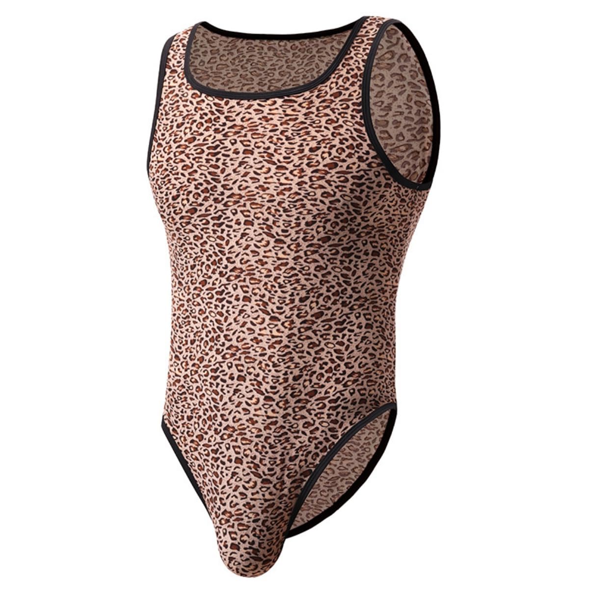Men's Leopard Bodysuit, Soft Sleeveless Slim-fit One Piece Jumpsuits for Men, Breathable Tight Undershirts for Workout Running Sports, Stretch Leopard Print Wrestling Singlet Leotard Top for Party