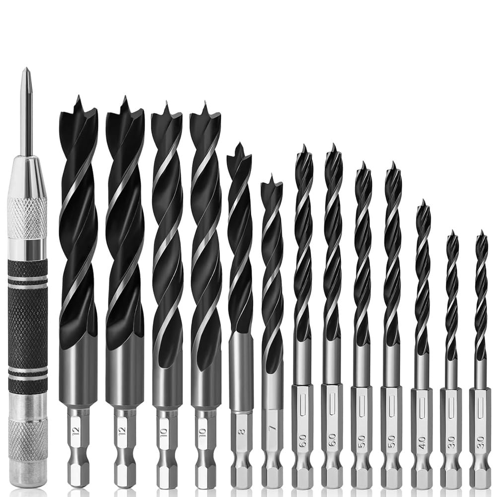 Littimoon Double Flute Design 14PCS -Point Wood Drill Bit Set with Center Punch for Woodworking Carpentry Chipboard