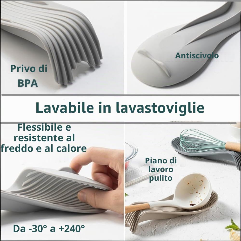 Poggia Cucchiai da Cucina – Poggiamestolo in Silicone Set da 2 Grigio e Beige – Resistente al Calore, Antiscivolo e Antigoccia – Supporto per Cucchiai – Spoon Rest