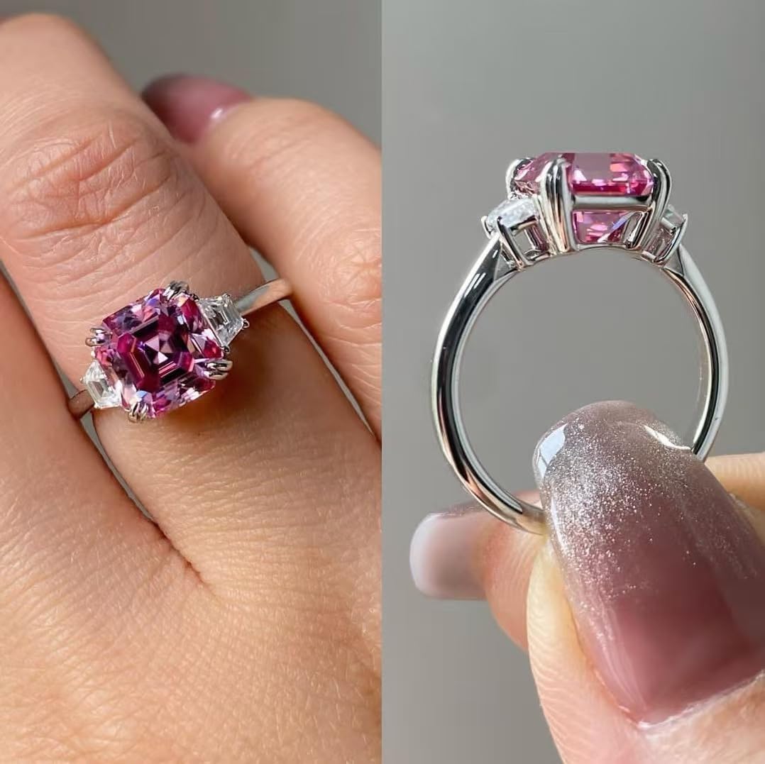 LIOYSIUT 925 Sterling Silver Shiny All-Diamond Pink Gemstone Ring, Cubic Zirconia Ring, Cz Diamond Ring, Eternal Engagement and Wedding Ring for Women 9