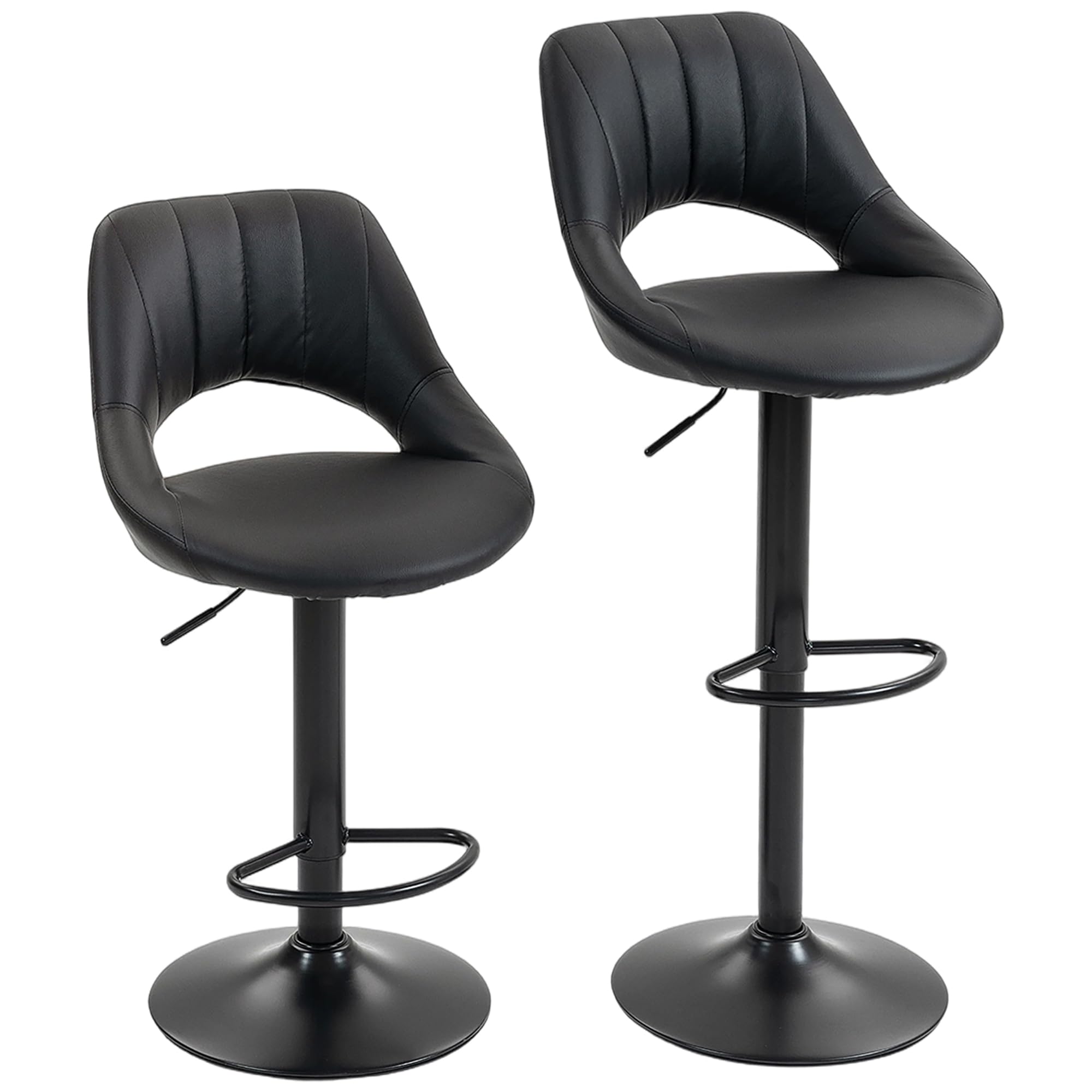 HOMCOM Bar Stools Set of 2, Swivel Barstools with Adjustable Height, Hollow Back and Footrest, Modern PU Leather Upholstered Breakfast Bar Chairs for Kitchen Island, Counter, Dining Room, Black