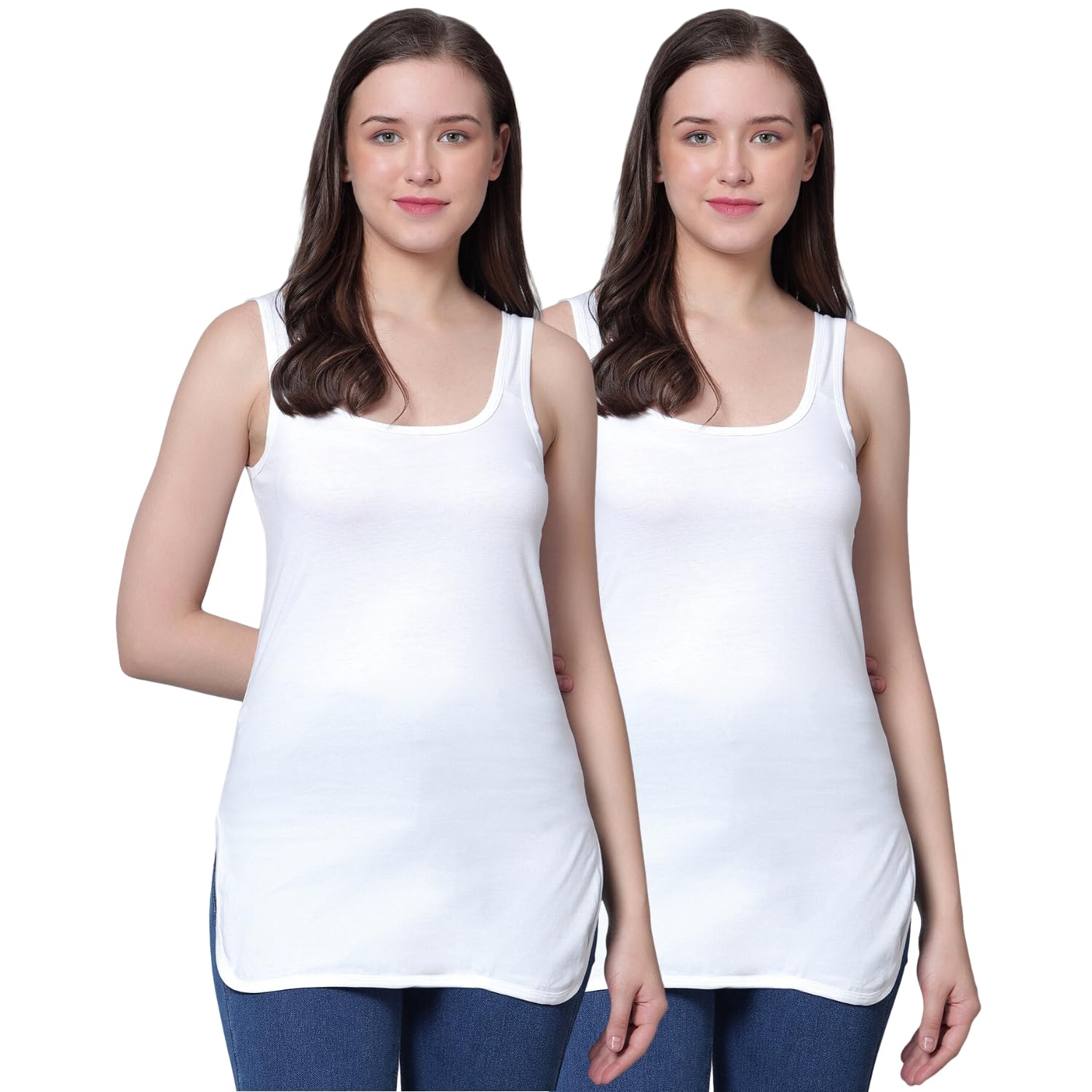 Aimly Women's Cotton Sleeveless U Bottom Wide Strap Long Spaghetti Slips Camisole Combo Pack of 2