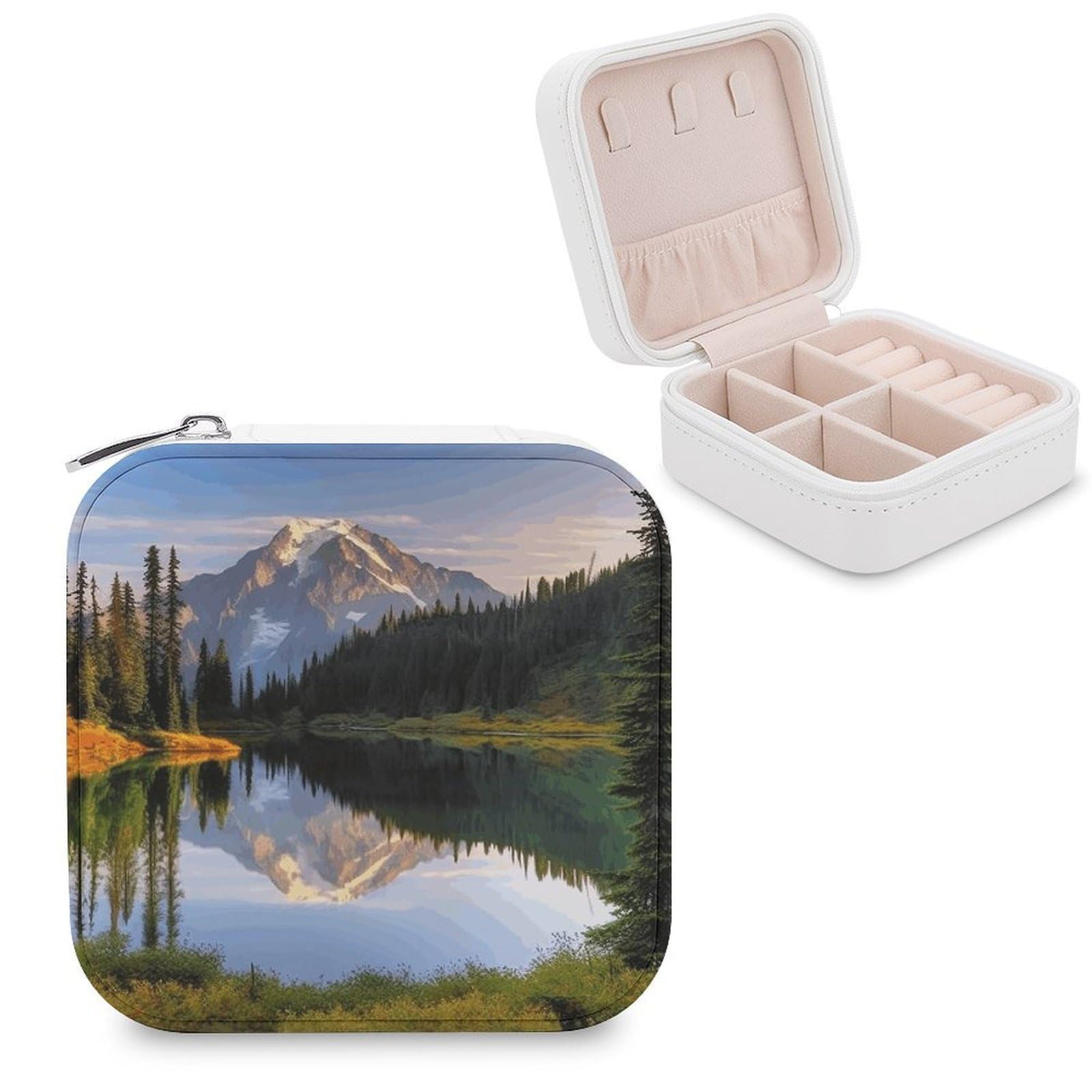 JTREHY Travel Mountain And Lake Pictures Jewelry Case Portable Display Storage Box PU Leather Mini Jewelry Travel Case Personalized Travel Jewelry Organizer Small Jewelry Box for Women
