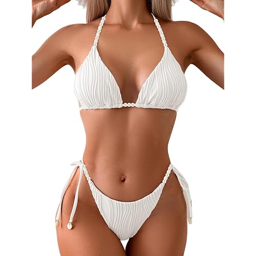 Women's Ribbed Two Piece Tie Triangle Pearl Beads Shoulder Strap String Bikini Set Bathing Swimsuits