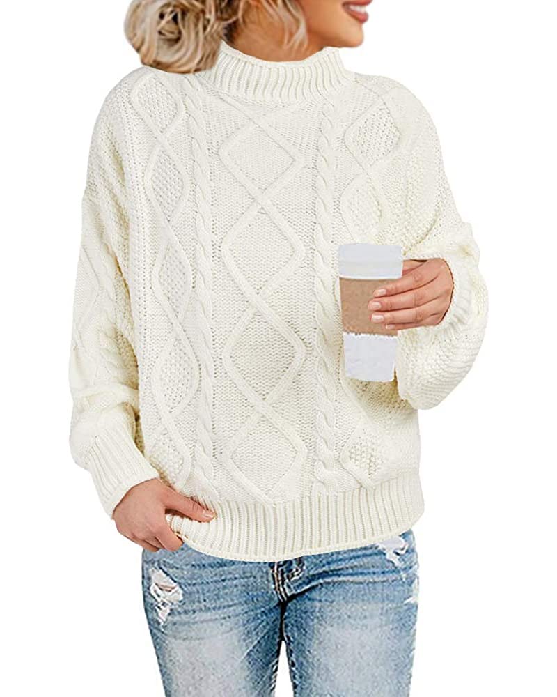 Womens Turtleneck Oversized Sweaters Batwing Sleeve Cable Knit Pullover Chunky Loose Jumper Tops - Beige - Large