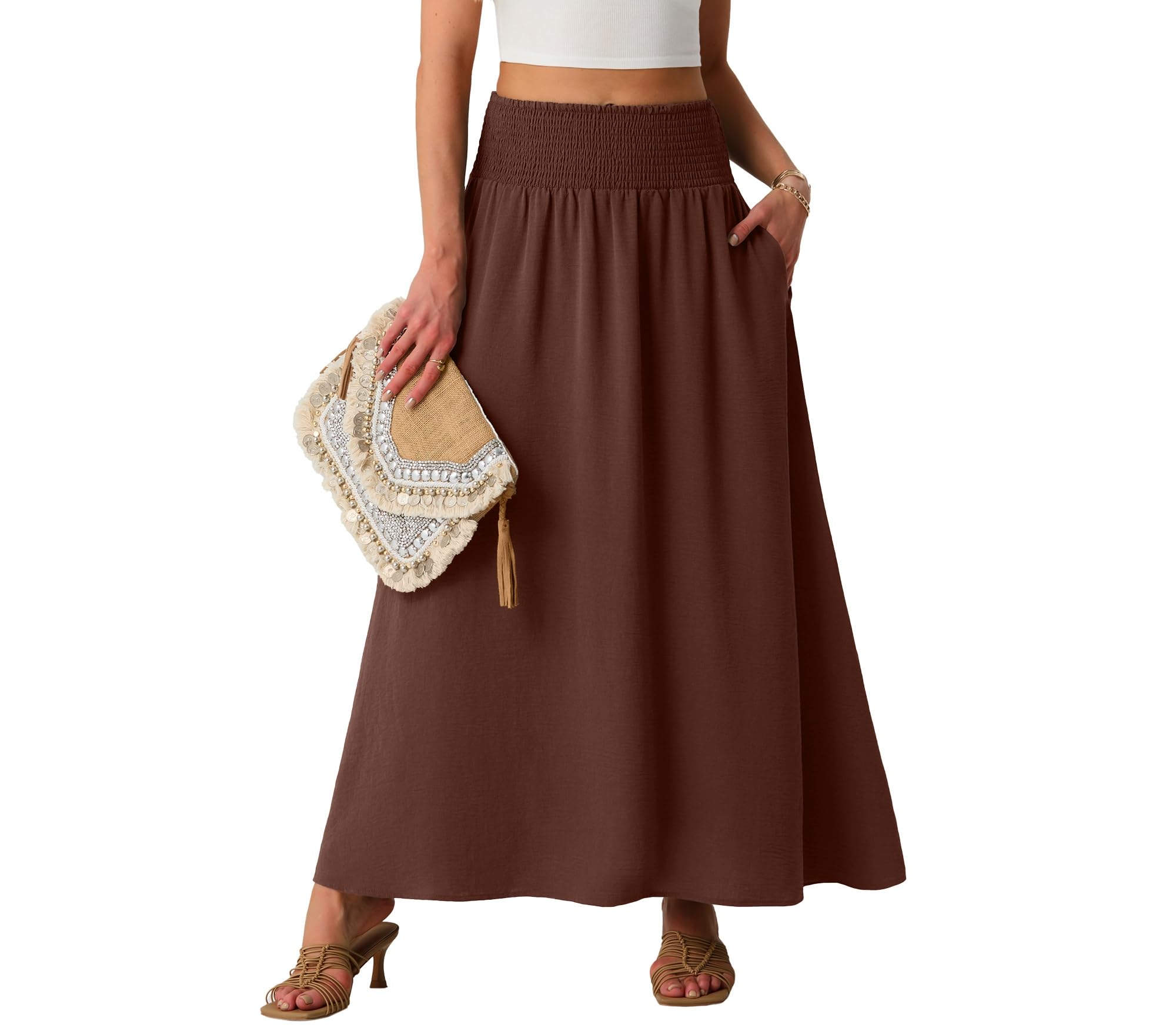 Lepunuo Maxi Skirts for Women Smocked Elastic High Waisted Casual Boho Swing Pleated Beach Long Skirts with Pockets