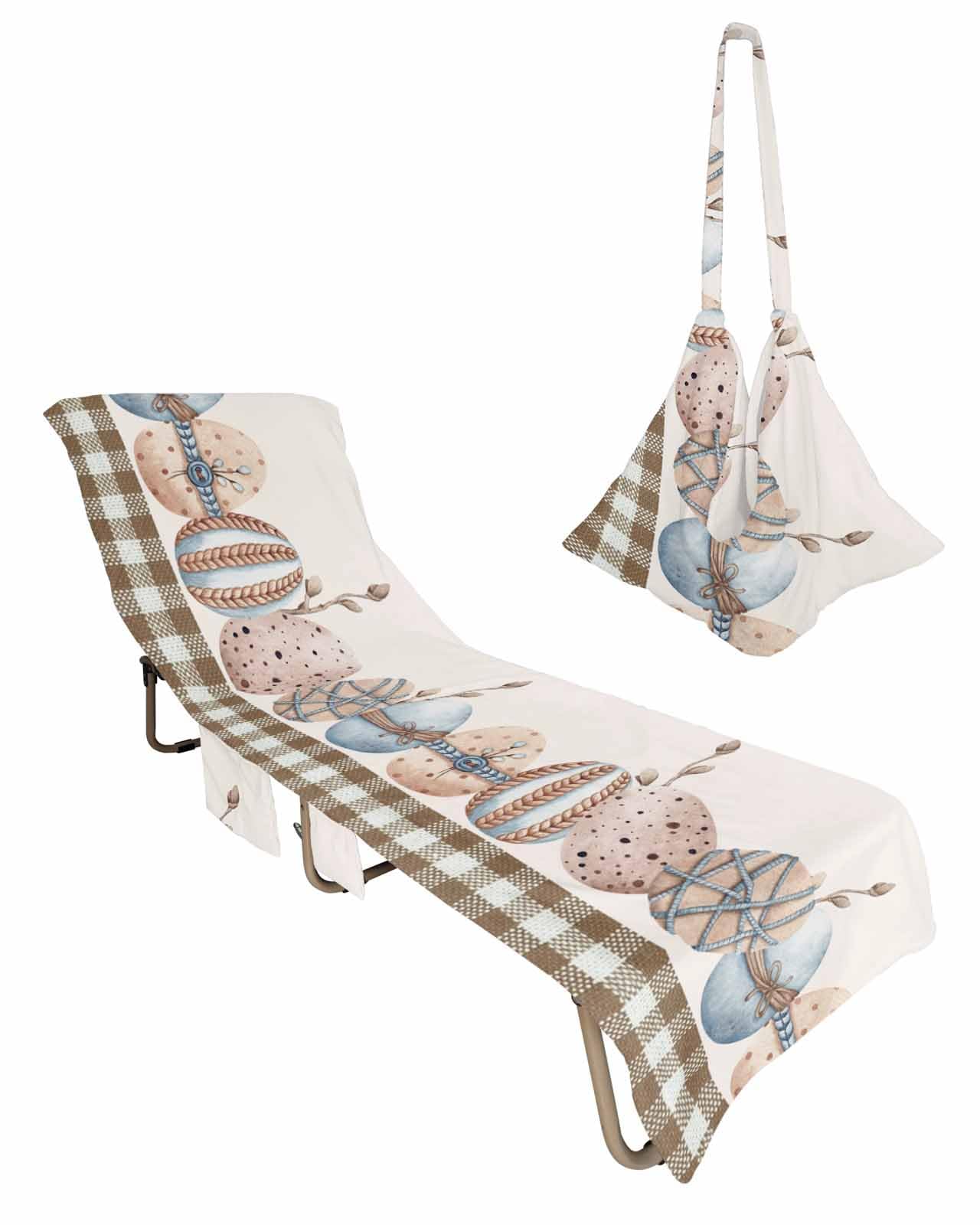 Spring Easter Beach Lounge Chair Towel Cover, Soft Chaise Lounge Towel with Side Pockets Patio Pool Chairs Cover for Beach/Pool Sunbathing 29x85 Brown Plaid Watercolor Easter Eggs