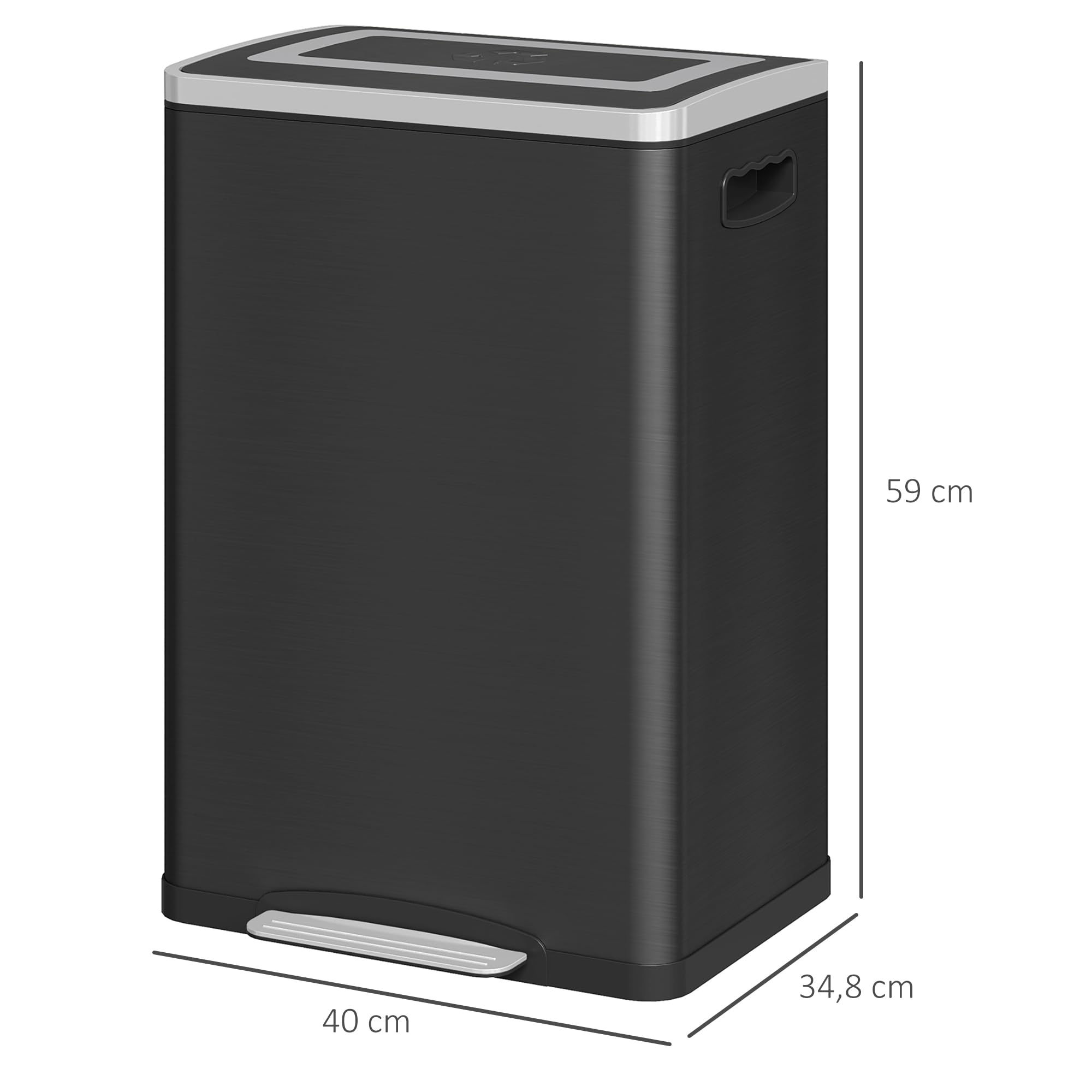 HOMCOM Poubelle de Cuisine à Pédale Double Compartiment 2 x 20L Noir | 2 Seaux Intérieurs Amovibles, Couvercle à Fermeture en Douceur et Poignées Intégrées, Anti-traces, Acier Inoxydable