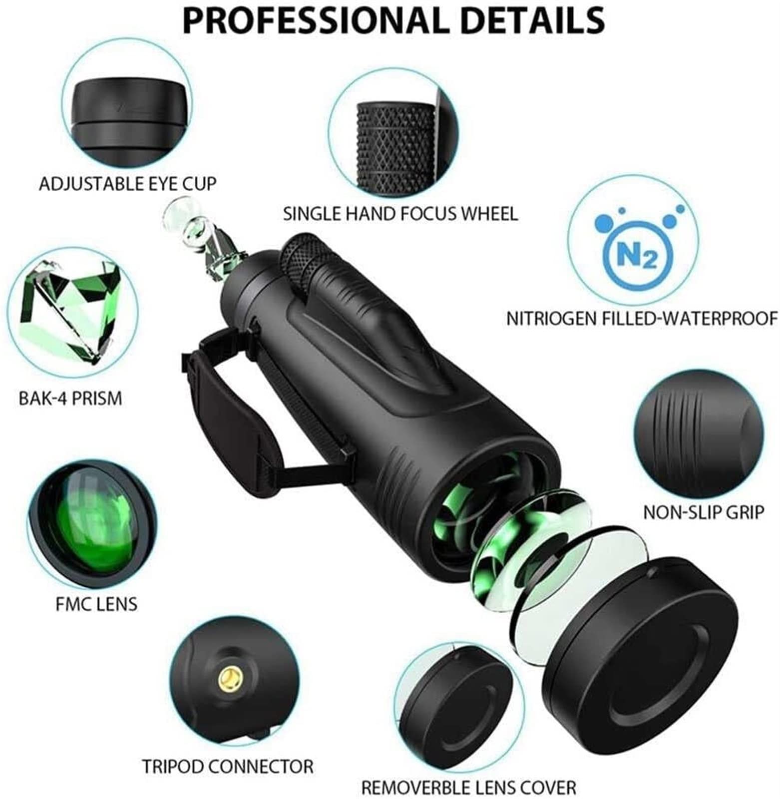 AKAZI Telescopio monoculare HD 12x50, Prisma Bak4 ad Alta Potenza e Obiettivo FMC con treppiede Porta Smartphone per Escursionismo, Birdwatching, Campeggio, Viaggi