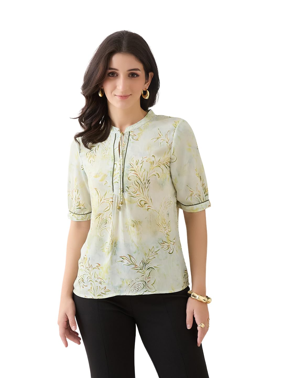 Women Green Printed Half Sleeves Casual Top_S-image-30