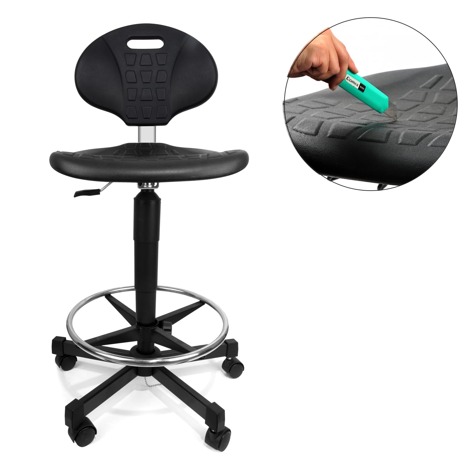 Silla de trabajo de altura alta, 52 cm~80 cm, altura regulable, poliuretano, con anillo para el pie