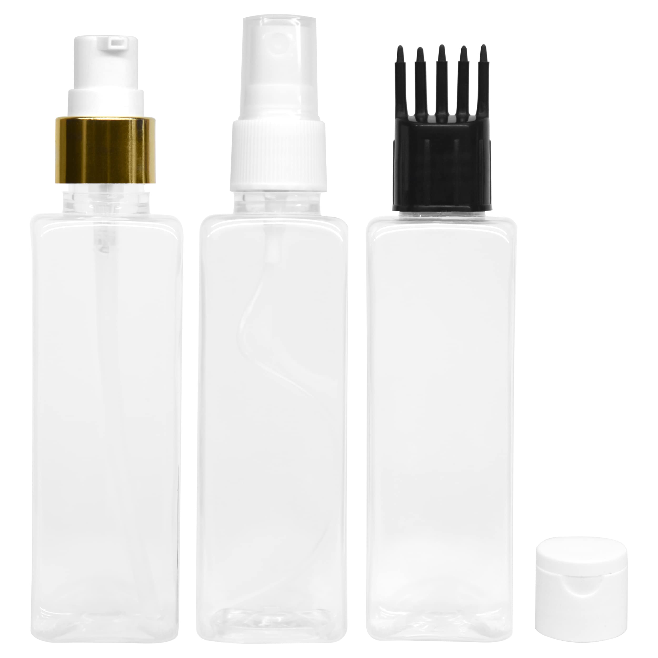 3 Rectangular Shape Bottle Durable Refillable Containers With 1 Pump Bottles Dispenser,1 Spray Atomizer,1 Root Comb Applicator,1 Filp Top Cap,For Perfume,Liquids,Shampoo - 100 Ml, Multicolour