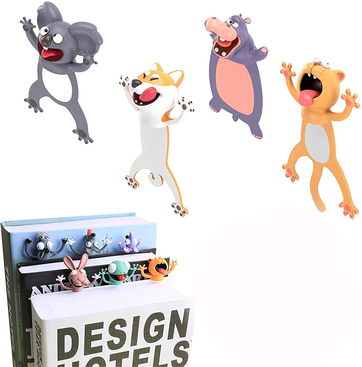 4Pcs Wacky Bookmark Palz - 3D Stereo Kawaii Cartoon Bookmark, 3D Animal Wacky Bookmarks, Cute Book Marks for More Fun Reading (Hippo+Koala+Dog+Cat)