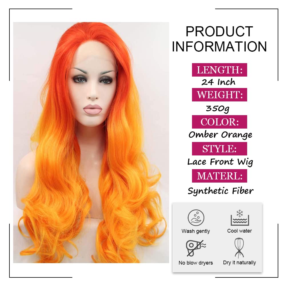 AFBeauty Orange Red Hair Long Wavy Orange to Yellow Free Part Wig Synthetic Lace Front Wig Heat Resistant Fiber Soft hIR for Women Cosplay 24’’ (24 - Image 3