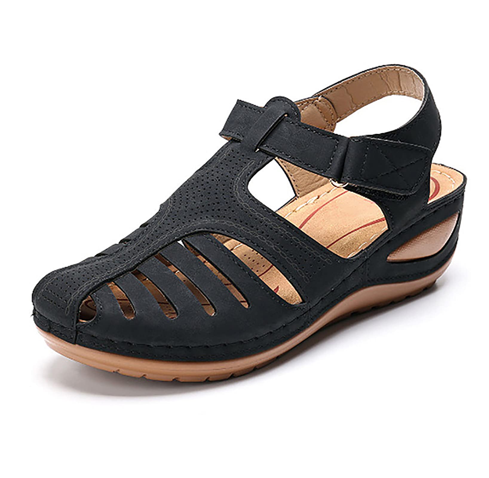 XWCG Womens Platform Sandals Women's Wedge Platform Buckle Strap Sandals with Ankle Strap Closed Toe Round Head for Women Wedge Shoes,Black,38