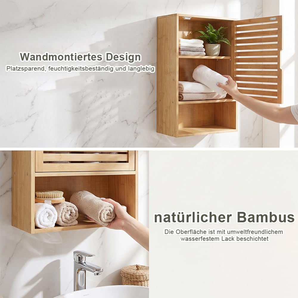 Armadietto sospeso da bagno, in bambù, con porta di ventilazione e 3 ripiani, mensola da parete per cucina e WC, salvaspazio e resistente all'umidità, 60 x 40 x 20 cm (colore legno)