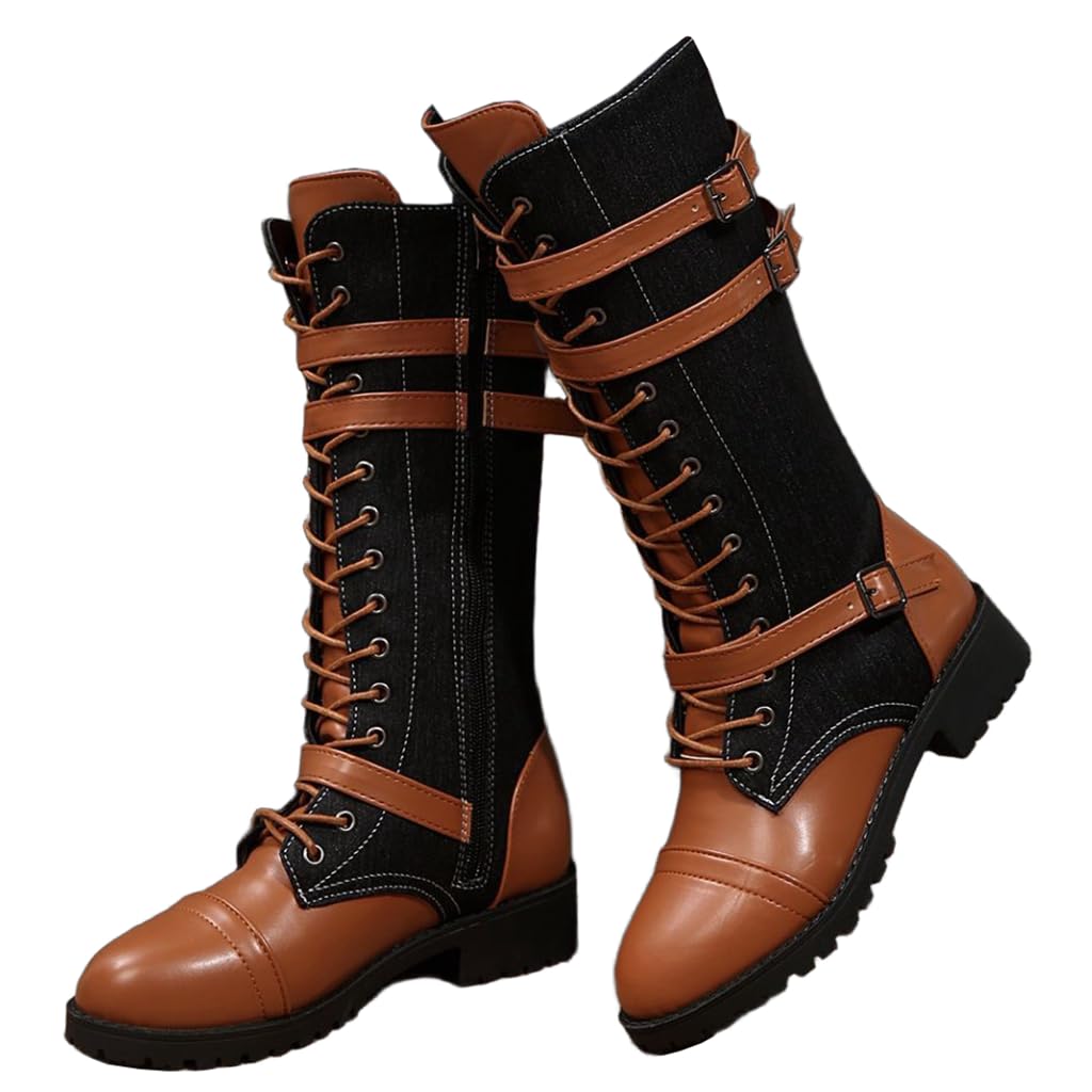 DINTAHA Lace Up Mid Calf Combat Boots Low Heel Biker Riding Boots with Buckles