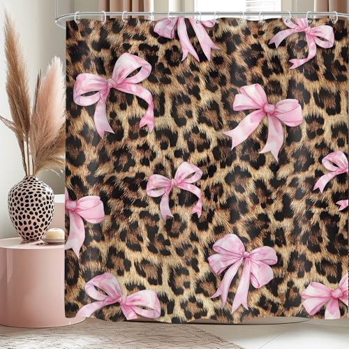 LIGHTINHOME Pink Bow Leopard Print Shower Curtain 60Wx72H Inches Girly Preppy Modern Fruit Fashion Pretty Sweet for Girls Cloth Fabric Waterproof Polyester Bathroom Home Decor Set with Hooks