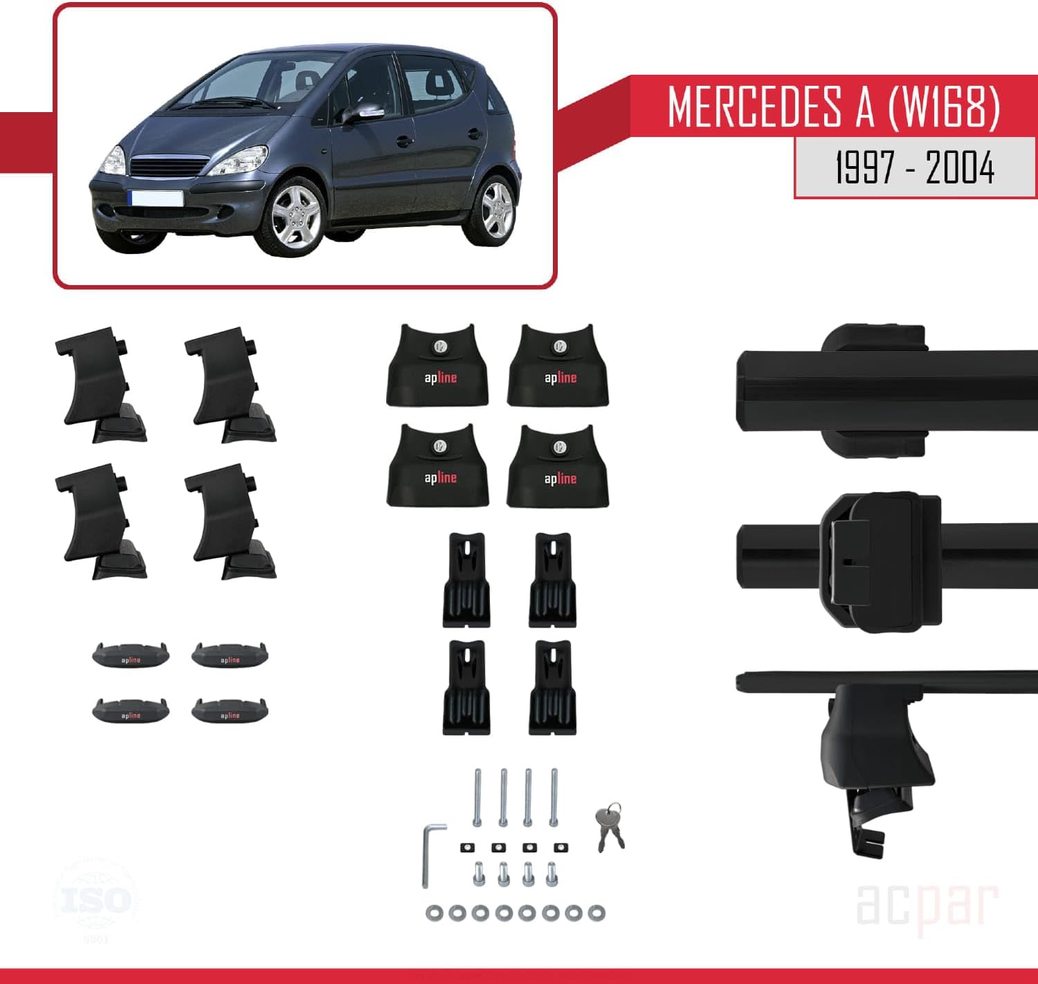 Compatible with Mercedes A Class (W168) 1997-2004 ACE-4 Car Roof Rack Cross Bar Black Aluminium 2 Bars