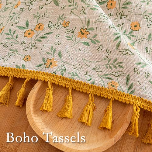 Image of MYSKY HOME Floral Boho Linen Curtains 84 Inch Long 2 Panels Set with Yellow Tassels Farmhouse Vintage Semi Sheer Bohemian Living Room Bedroom Window Curtains Rustic Country Back Tab, 50 inchW, Green Leaf