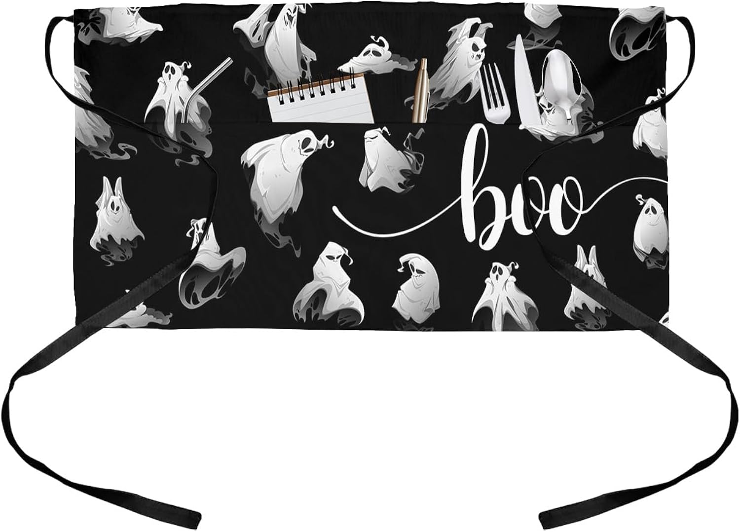 Delantal de camarera de Halloween para mujeres/hombres con 3 bolsillos, diseño de fantasma blanco clásico negro, delantal impermeable para cocina,
