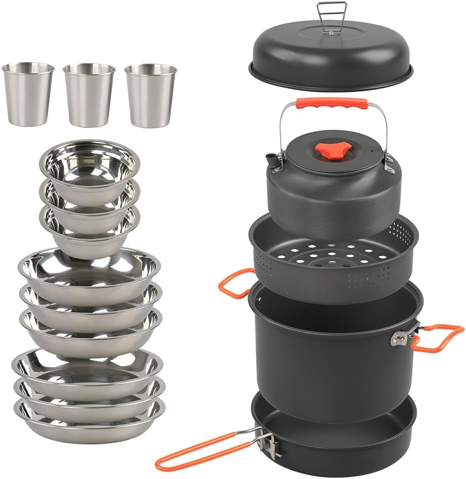 Aomiun Camping Cookware Kit, Aluminum Alloy Pot Pan Kettle Steaming stainless steel Tray Bowl Cup with Mesh Bag for Camping, Backpacking, Outdoor Cooking and Picnic 2-3 People Aomiun Camping Cookware Kit, Aluminum Alloy Pot Pan Kettle Steaming stainless steel Tray Bowl Cup with Mesh Bag for Camping, Backpacking, Outdoor Cooking and Picnic 2-3 People