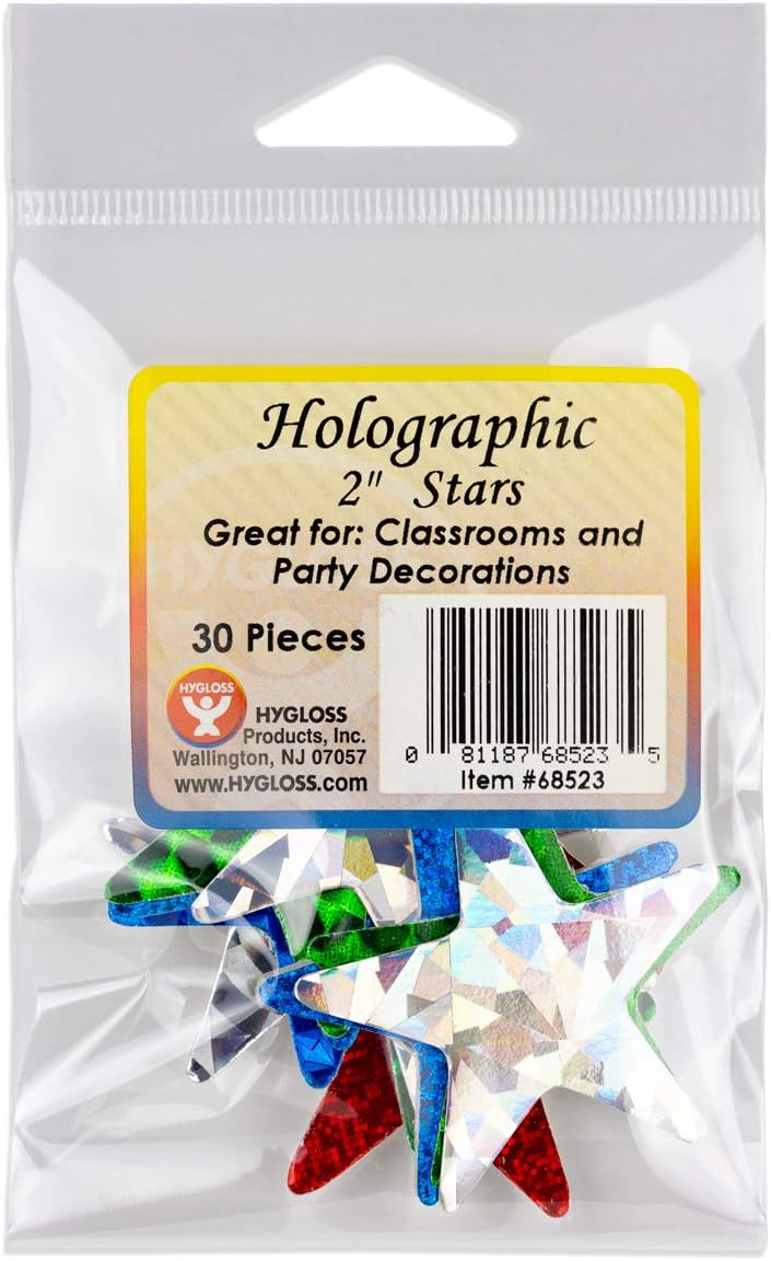 Hygloss Products Holographic Shape Cut-Outs, Sparkly Card Stock Stars in Assorted Designs and Colors, 2-Inch, 30 Per Pack