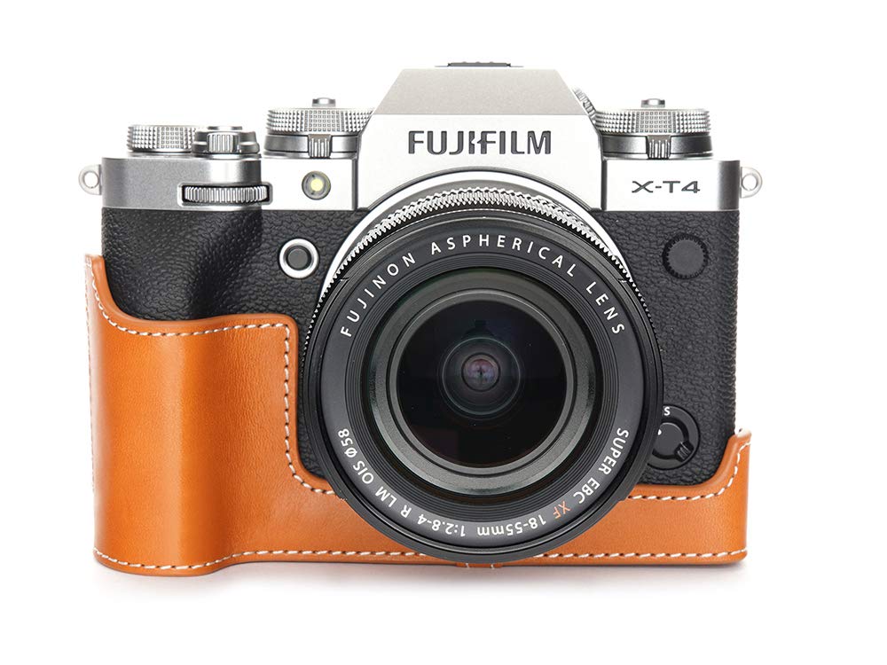 Handmade Genuine Real Leather Half Camera Case Bag Cover for FUJIFILM X-T4 XT4 With Shoulder Strap (Camera Case+ TP15 Shoulder Strap, Yellow)